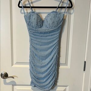 Windsor Light Blue Ruched Beaded Dress